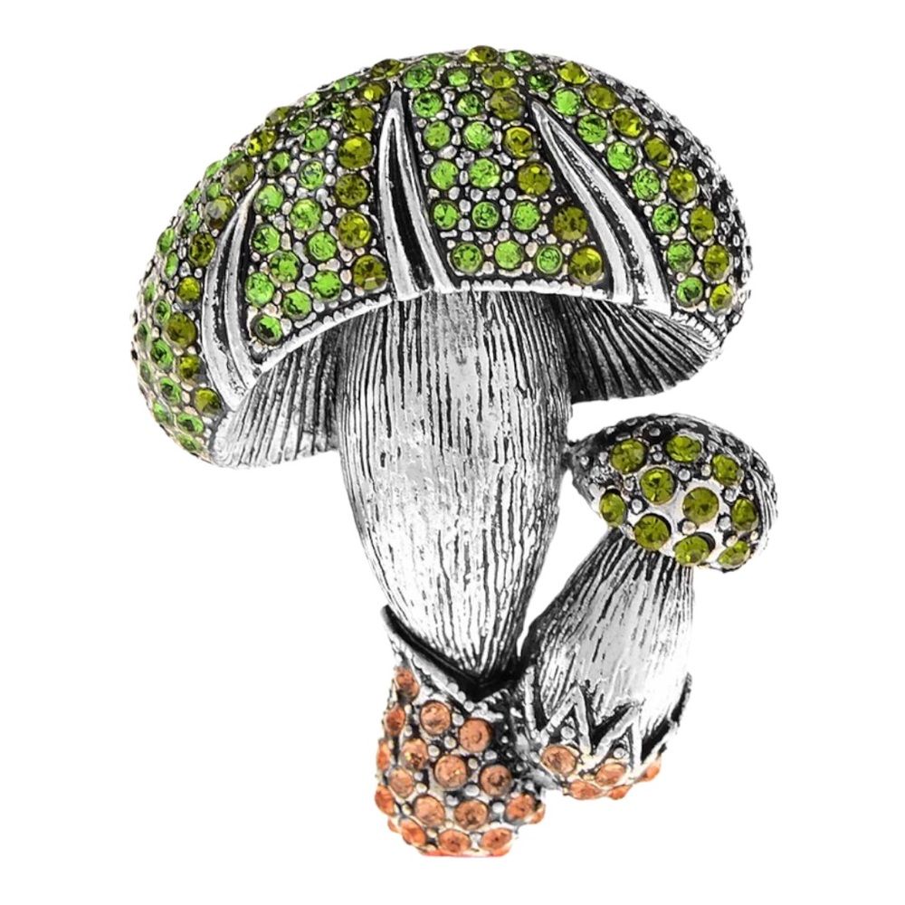 Mushroom Brooch Green Rhinestones Silver Tone Pin